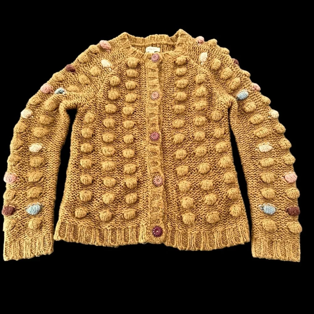Matilda Jane Girls size 10 Mustard Shelly Pom Pom Cardigan Sweater Fall Winter
